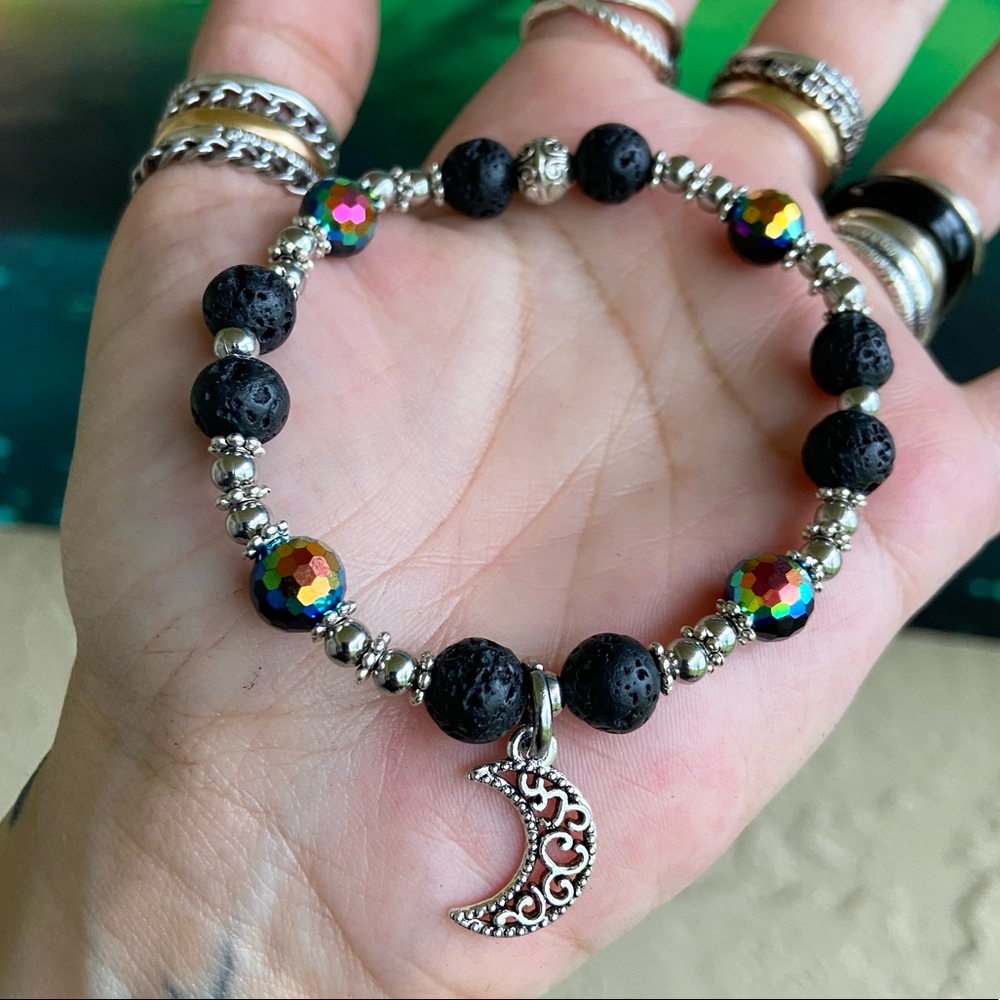 Moon Lava rock oil diffuser rainbow boho bracelet